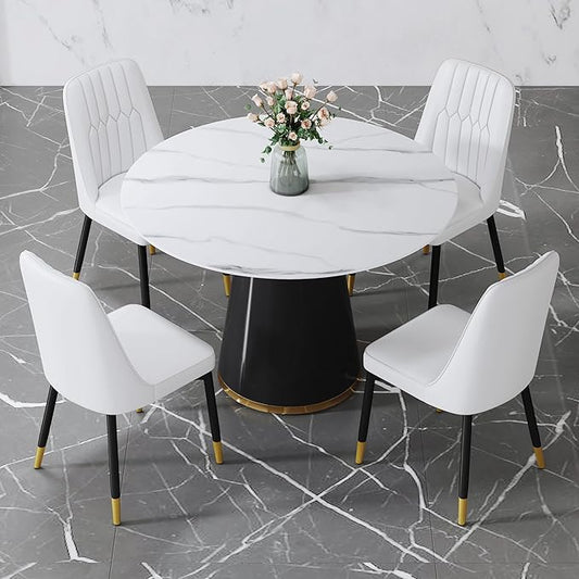 45 Inch Round Dining Table Set for 4, 5 Piece Kitchen Table and Chairs Set, White Faux Marble Table Top, Small Space Dining Set for Apartment or Dining Room