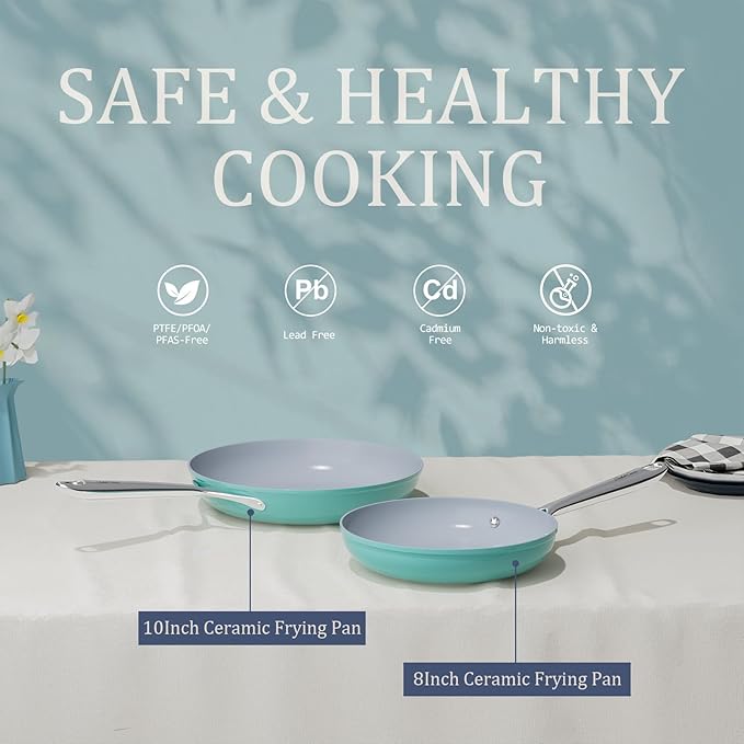 Nonstick Ceramic Frying Pan 10 Inch for Induction Cooktop - Non Toxic, PTFE/PFOA/PFAS Free, Oven & Dishwasher Safe up to 500°F - Non Stick Skillet with Stay-Cool Handle - Caribbean Blue