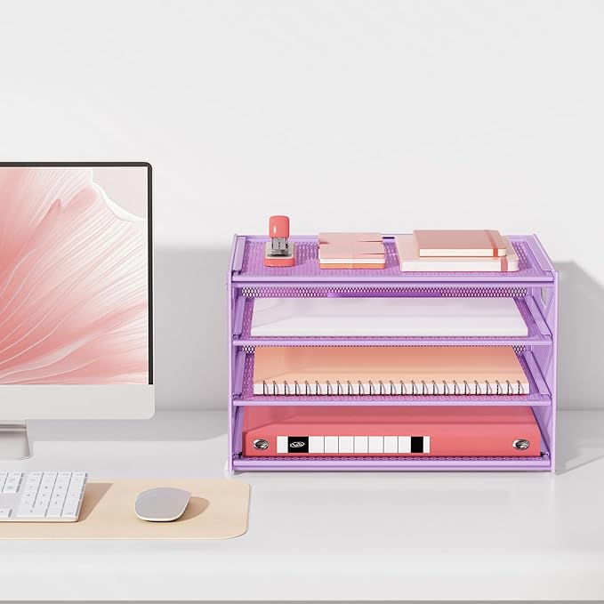 Lavatino 3-Tier Letter Tray Desk Organizer, Mesh Paper File Tray Organizer for Desk, Office Supplies & Home Organization, Fits A4 Paper, Mail, Magazines & Office Accessories (Purple with Handle)