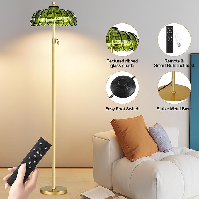 Gold Floor Lamps for Living Room Vintage Floor Lamp with Remote Control & Glass Lampshape,Mid Century Modern Standing Lamp with 3 Color Temperature Brass Flower Tall Floor Lamp for Bedroom Corner