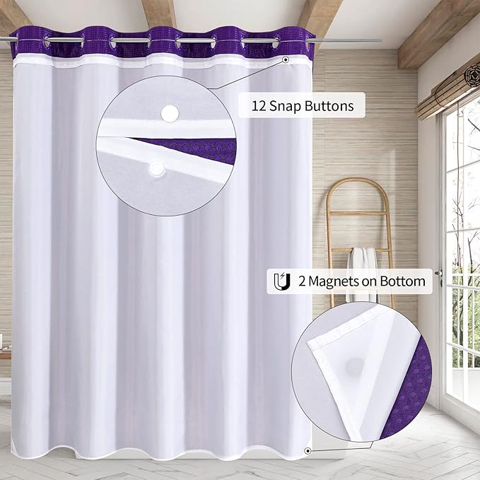 MitoVilla Purple Waffle Long Shower Curtain 72 x 80, No Hooks Required 80 inch Long Fabric Cloth Shower Curtain Set with Cloth Snap-in Liner for Modern Hotel Bathroom Decor, Lavender