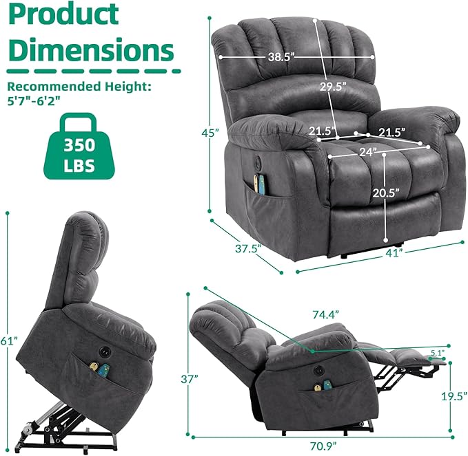 VIVIJASON Large Power Lift Electric Recliner Chair with Extended Footrest for Big Tall Elderly, Overstuffed Wide Lift Recliner with Heat & Massage, 2 Remote Controls, Side Pockets & USB Ports, Gray
