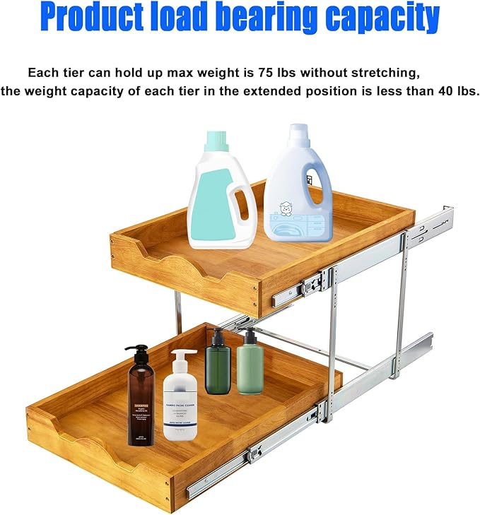 DINDON 2 Tier Pull Out Cabinet Organizer (17" W x 21" D) Wood And Metal Double Tier Slide Out Wood Drawer Under Cabinet Storage And Organization