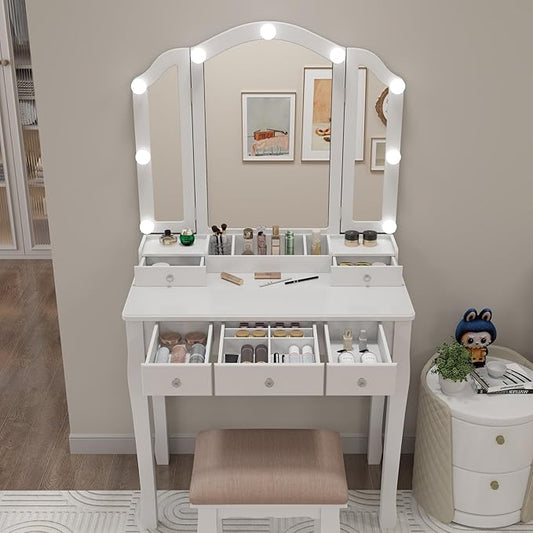 White Vanity Desk with Mirror and Lights Makeup Vanity Set Teen Vanity Mirror with Lights Desk and Chair Makeup Vanity Table Makeup Vanity with Drawers Tocadores
