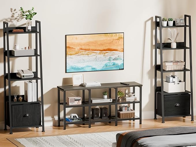 Furologee TV Stand, 43 Inch Entertainment Center with 3-Tier Storage Shelves, Industrial Media Console Table for TVs up to 50 Inch, Television Stands for Living Room, Bedroom, Light Black Oak