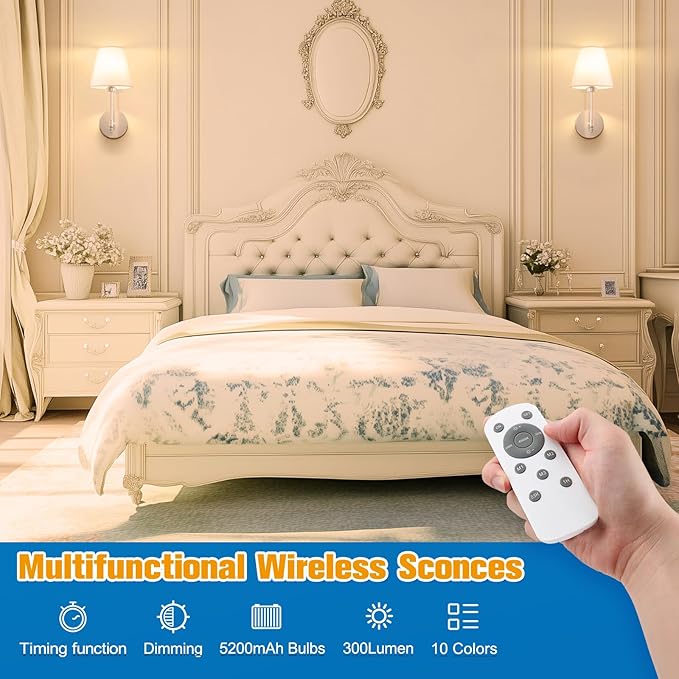 NIORSUN 14.5 inch Battery Operated Wall Sconce Set of 2,Brushed Nickel Rechargeable Wall Lights with 5200mAh Dimmable Bulbs and Remote,9 Colors Wireless Sconces for Bedroom Living Room Decor