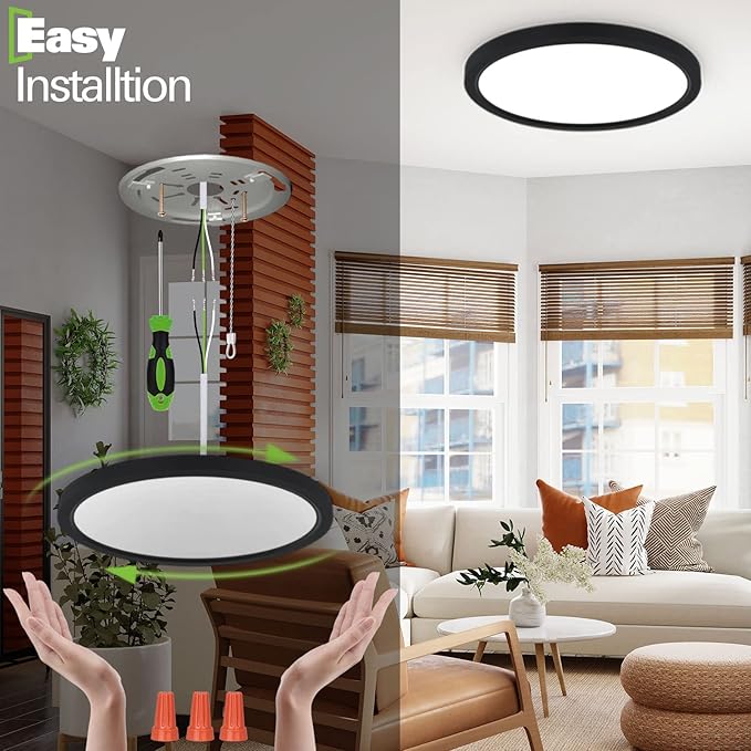 hykolity 18 Inch LED Round Flat Panel Light, Black, 32W, 3200lm, 3000K/4000K/5000K CCT Selectable, 120°Beam Angle, Dimmable Edge-Lit Flush Mount Ceiling Light Fixture - ETL Listed