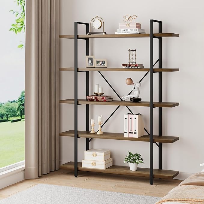 HSH Industrial Wood and Metal 5 Tier Bookshelf, Large Tall Open Rustic Wide Etagere Bookcase, Vintage Farmhouse Modern Wooden Big Book Shelf for Home Living Room Bedroom Office Storage, Rustic Oak