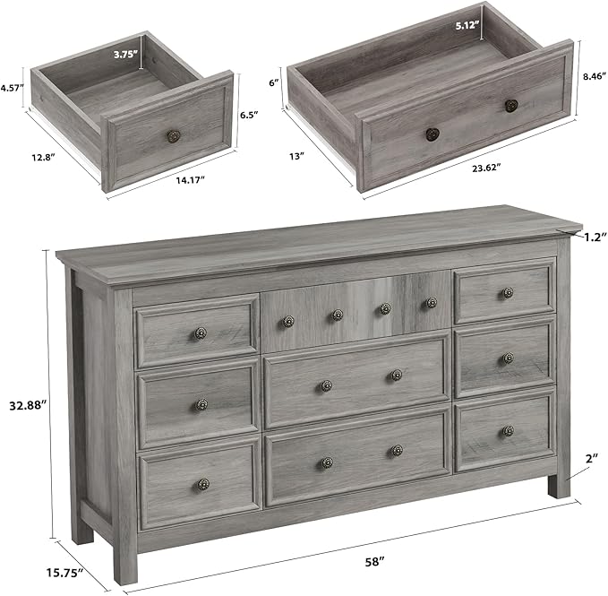 LGHM Long Dressers for Bedroom, Large 9 Drawers Dresser, Chests of Drawers TV Stands, Sturdy and Stable Storage Organizer - Thick Support Legs Design, 6" Deep Drawer for Bedroom,Living Room, Gray