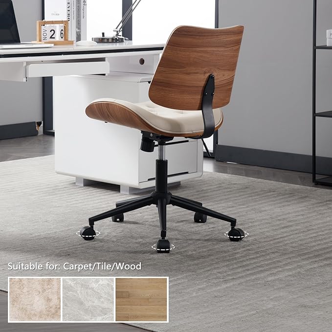 Armless Home Office Chair with Wheels, PU Leather Adjustable Height Computer Desk Chair, 360 Swivel Small No Arms Chair, Modern Button Walnut Style for Office, Reading Meeting Room(Beige)