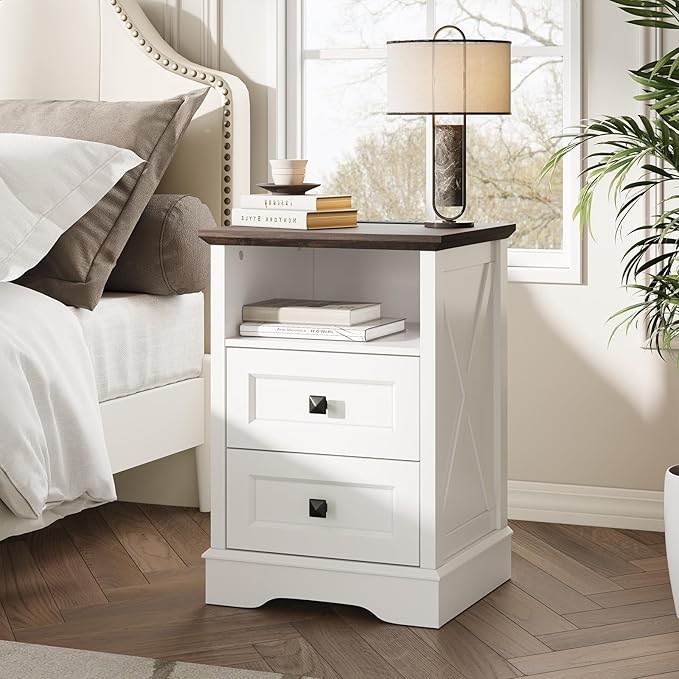 Farmhouse 2 Drawers Dresser for Bedroom, Rustic Small Chest of Drawers with Charging Station, Wood End Table with Open Shelf, White Modern Nightstand for Bedroom, Living Room, Entryway