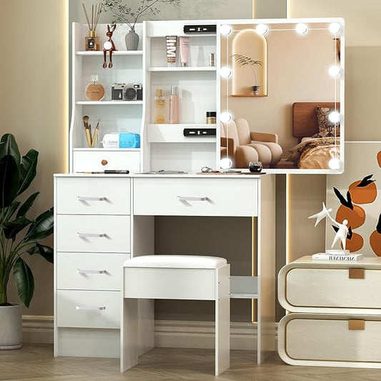 Makeup Vanity Desk with Mirror and Lights,White Vanity with 6 Drawers 6 Storage Shelves 1 Chair,3 Lighting Colors Adjustable,31.5" L*14.2" W*51.2" H