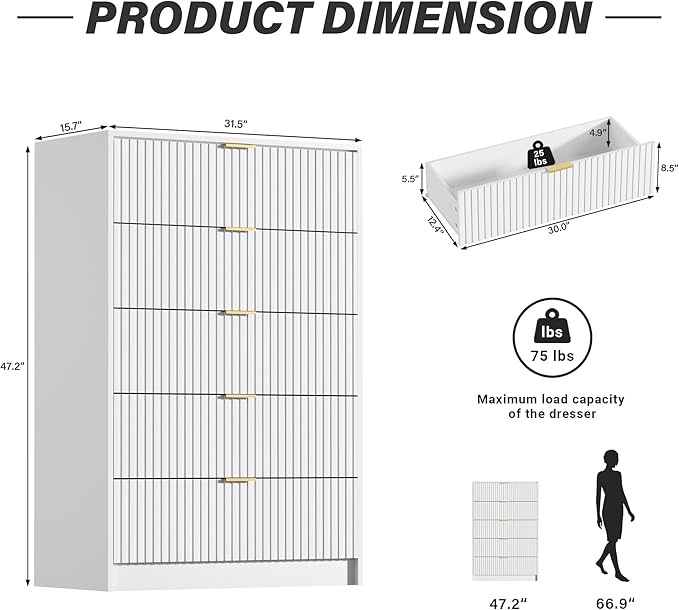 White Dresser for Bedroom, Modern Dresser with 5 Drawers and Smooth Slides, Wide Chest of Drawers with Golden Handles for Bedroom, Living Room, Closet, 15.7" D x 31.5" W x 47.2" H