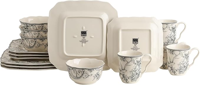 222 Fifth Adelaide 16-Piece Square Floral Dinnerware Set – Service for 4, Grey & White Porcelain Plates & Bowls, for Everyday Dining & Entertainment, Microwave & Dishwasher Safe, Chip Resistant