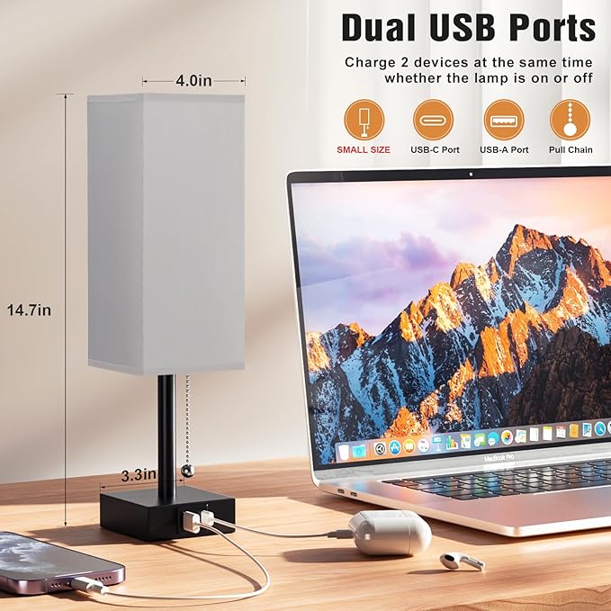 Bedside Table Lamps Set of 2 - Grey Bedroom Lamps with 3 Color Temperatures (3000K/5000K/4000K), Two Square Nightstand Lamps with USB C + A Charging Ports, Pull Chain Small Night Light for End Table