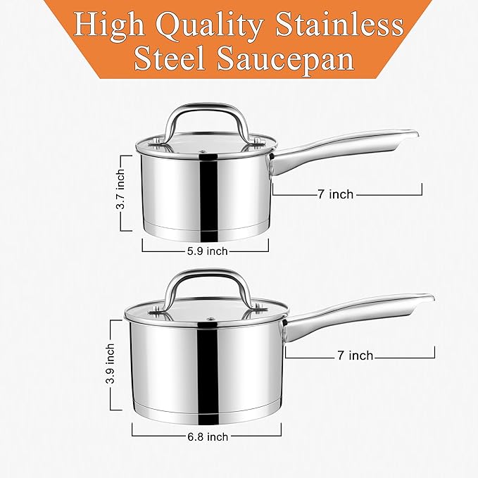 LIANYU Sauce Pan Set with Lid, 1 QT & 2 QT Stainless Steel Saucepan Pot Set, Tri-Ply Bottom Small Pot for Kitchen Cooking, Dishwasher Safe, Compatible with All Cooktops