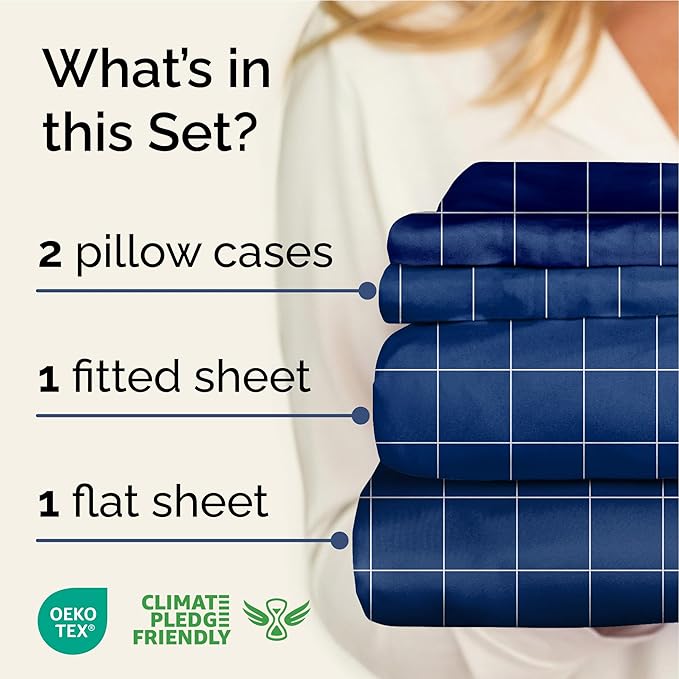 CGK Unlimited Blue Grid Bed Sheet Set – 1 Flat & 1 Fitted Sheet & 2 Pillowcases w/Deep Pockets – Wrinkle & Fade Resistant - Soft, Breathable & Cooling – Checkered Grid Bed Set, Seasons - King Size