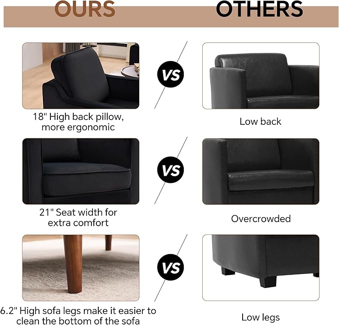 Mid Century Modern Accent Chair, Upholstered Reading Armchair for Living Room, Velvet Comfy Sofa Chair with Wood Legs for Bedroom, Office, Waiting Room, Black