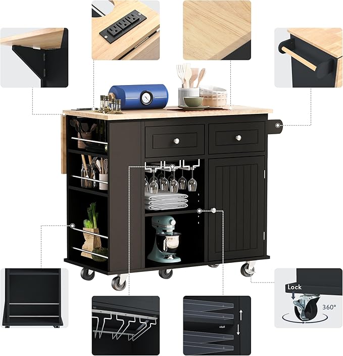 Rolling Mobile Kitchen Island Cart Cabinet with Door, Open Storage Shelves, 2 Drawers and Wine Rack for Dining Room
