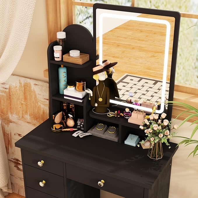 ECACAD Vanity Desk, Vanity Table Set with LED Lighted Mirror, Makeup Vanity Dressing Table with 5 Drawers, Storage Shelves and Cushioned Stool, Black