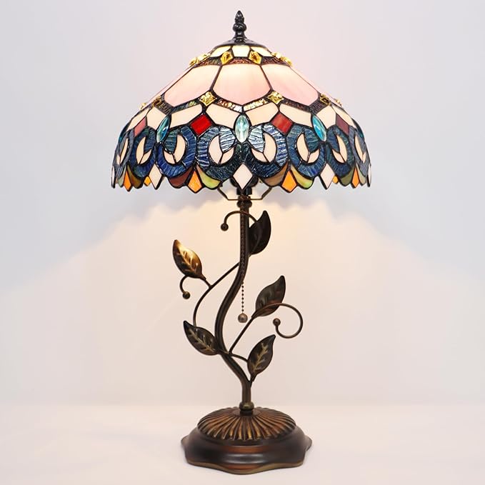 Tiffany Table Lamp, Pink Stained Glass Desk Light, W12H19 Inch, Metal Leaf Base (Pink Baroque Style)