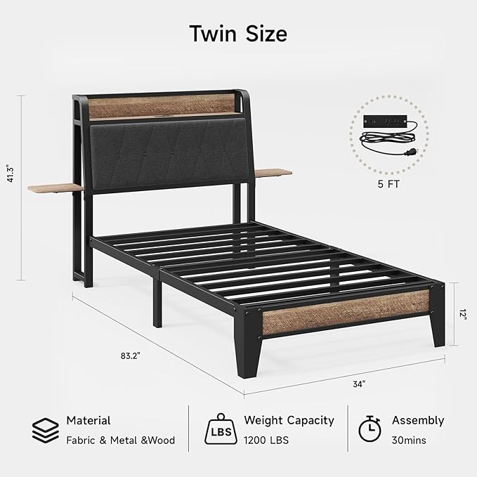 Twin Size Bed Frame with Side Storage Shelf, Ergonomic Upholstered Headboard with Charging Station, Twin Platform Bed Frame, Metal Slats Support, No Box Spring Needed, Easy Assembly, Black
