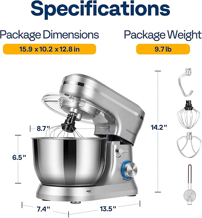 VIVOHOME 4.75 Quart Stand Mixer, 8 Speed Kitchen Electric Food Mixer, Household Stand Mixer for Baking, Cake, Bread with Beater, Dough Hook, Wire Whip and Egg Separator, Silver