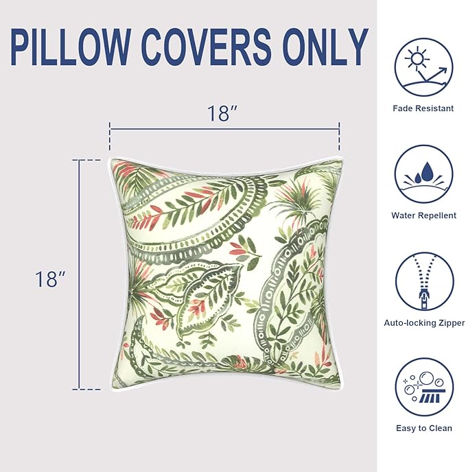 Outdoor Throw Pillow Covers Pack of 2, Decorative Water Repellent Square Pillow Cases 18x18 Inch, Patio Pillowcases for Home Patio Furniture Use, Faylinn Shadow Paisley