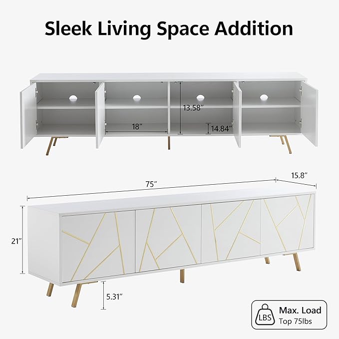 EDYO LIVING Mid Century Modern TV Stand for 75" TV, Wood Entertainment Center with Storage Cabinet, Media TV Console for Living Room and Bedroom, White