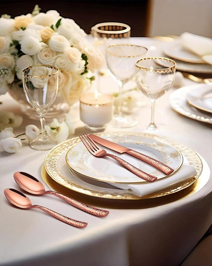Hammered Silverware Set for 8,Ollex 40-Piece Rose Gold Flatware Cutlery Set with Stainless Steel Spoon Knives Forks Tableware Set, Mirror Finished&Dishwasher Safe