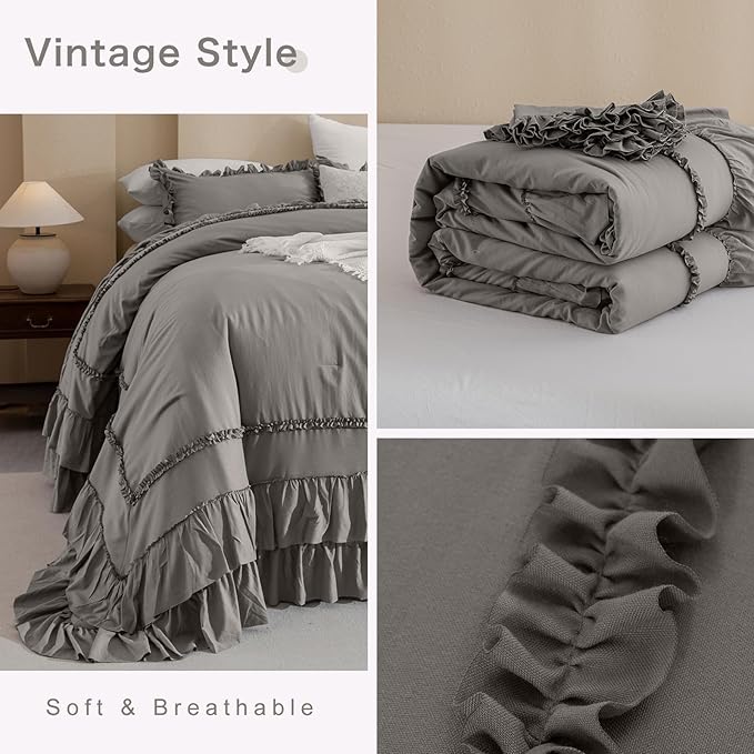 QSH Grey Oversized California King Ruffled Bed Comforter Set 128x120, Farmhouse Vintage Chic Comforter Set Gray French Country Bedding Comforter Soft Microfiber Fluffy Bedding 3 PCs