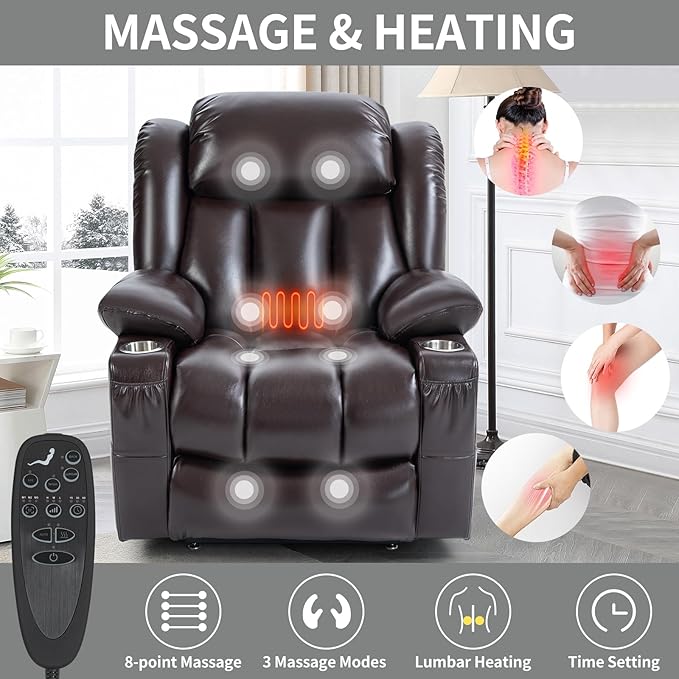 Electric Lay Flat Recliner Chair with Vibration Massage Heat for Elderly People, Power Lift Chair with Dual Motor Cup Holders, Faux Leather Red Brown
