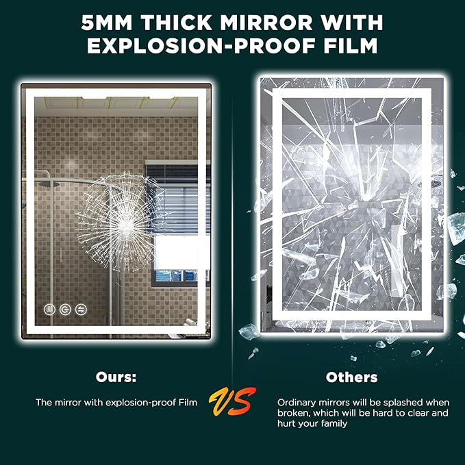 24"x 32" LED Bathroom Mirror with Stepless Dimmable Wall Mirrors with Anti-Fog, Dimmable CRI>90, Vanity Mirror with 3 Color Modes, Shatter-Proof, Memory Bathroom Mirror with LED Lights