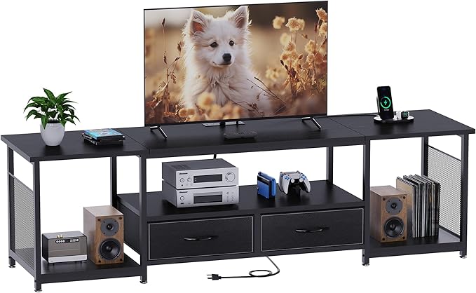 TV Stand with Drawers and Power Outlets for 75 70 65 Inch TV, Entertainment Center with Open Storage Shelves, Industrial Media TV Console Table for Living Room Bedroom Office, Black