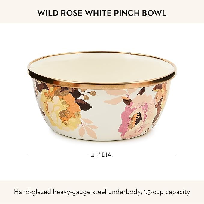 MACKENZIE-CHILDS Enamel Pinch Bowl, Small Bowl for Cooking Ingredients, 1.5-Cup Capacity, Wild Rose White