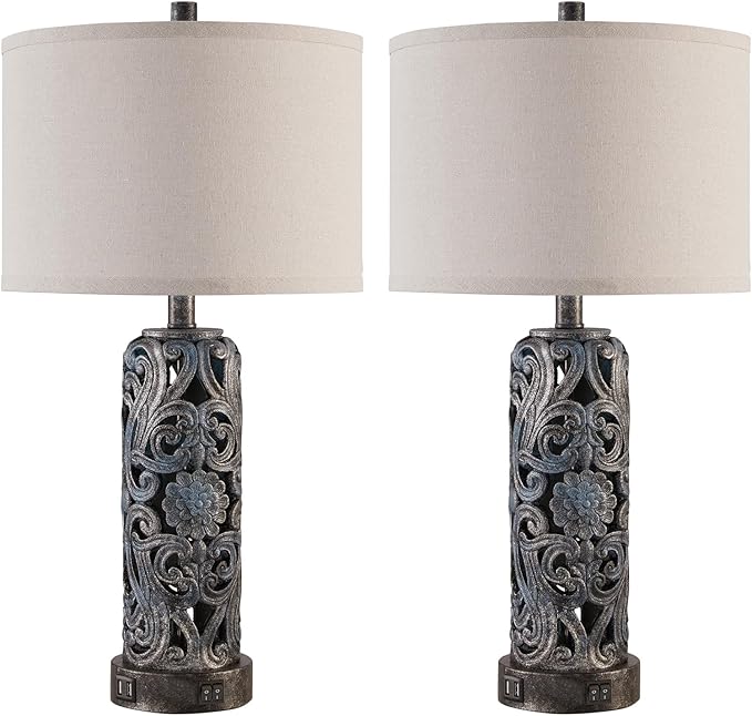 25'' Set of 2 Rustic Table Lamp for Bedroom Living Room with 2 USB Ports, Farmhouse Vintage Resin Nightstand Lamp with Nightlight, Antique Retro Desk Lamp for Entryway, 2 Bulbs Included