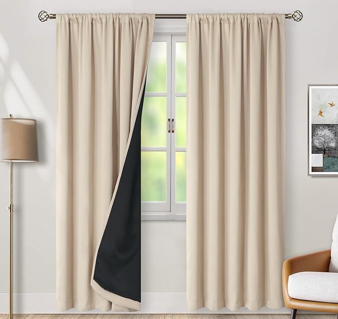 BGment Champagne 100% Blackout Curtains with Thermal Insulation Liner - 52 x 78 Inch Noise Reducing Room Darkening Curtains Light Blocking Rod Pocket and Back Tab Drapes for Bedroom, 2 Window Panels