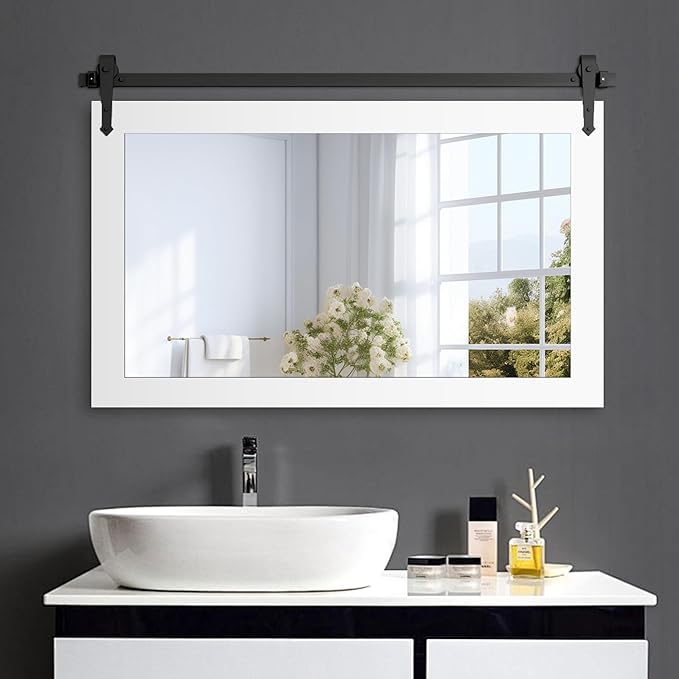 Farmhouse Barn Door Mirror - 42" x 28" Rustic Wood Framed Wall Mirror for Bathroom, Living Room, Bedroom Wall Decor (Bright White)