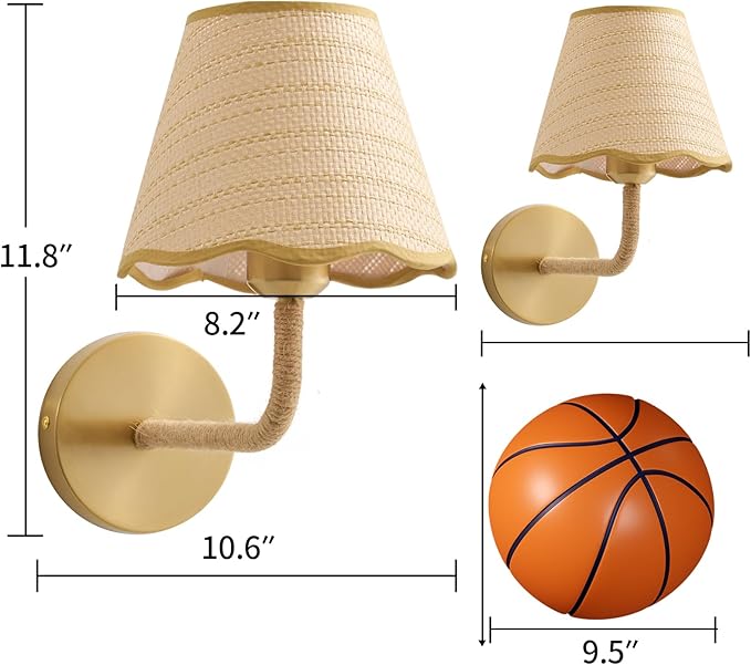 Boho Battery Operated Rattan Wall Sconces Set of Tow, Wireless Rechargeable Battery Powered Wall Light with Grass-Woven Lampshade for Bedroom Living Room Hallway Porch