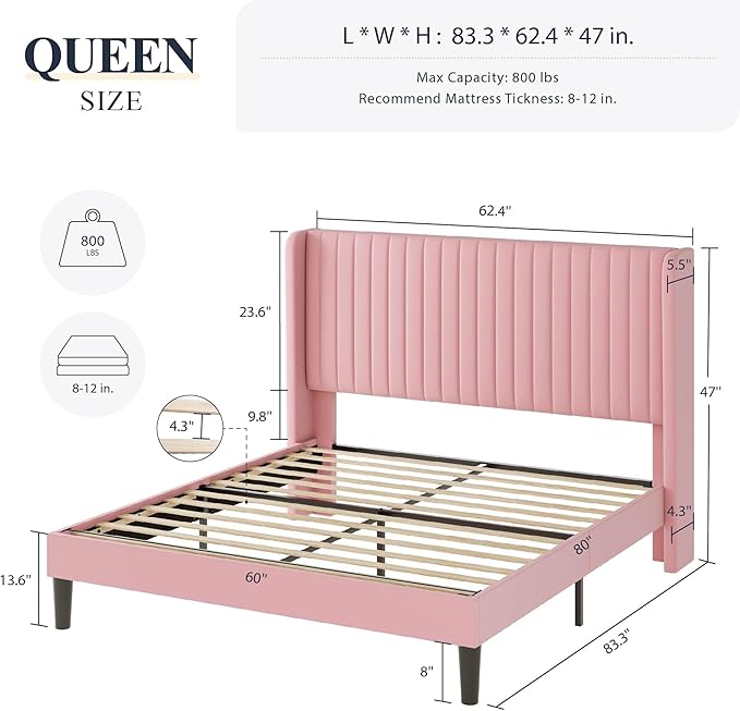 Allewie Queen Size Velvet Bed Frame/Vertical Channel Tufted Wingback Headboard/Upholstered Platform Bed/Strong Wooden Slats/No Box Spring Needed/Easy Assembly/Pink