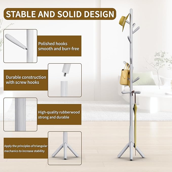 Solid Wood Coat Rack, Freestanding Tree-Shaped Coat Rack with 11 Hooks, Main Pole 1.6" dia for Clothes, Hat Stand Used in Bedroom/Office/Entryway (3-Leg Base, White)