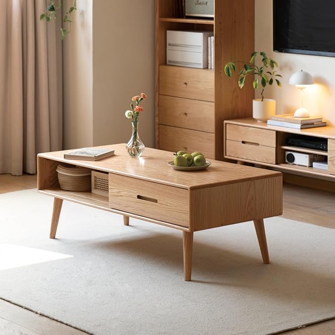 47.24" Solid Wood Coffee Table for Living Room, Oak Coffee Table with Storage Shelf and 2 Drawers, Mid-Century Modern Coffee Tables for Home (Original Wood Color)