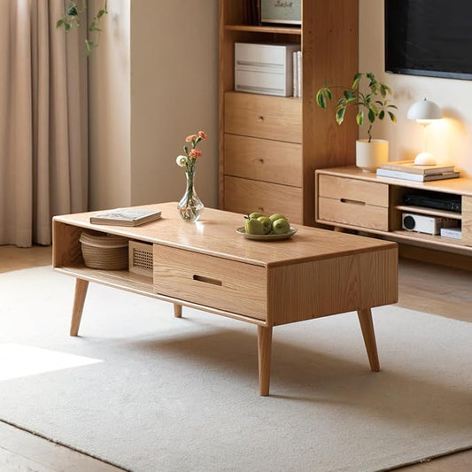 47.24" Solid Wood Coffee Table for Living Room, Oak Coffee Table with Storage Shelf and 2 Drawers, Mid-Century Modern Coffee Tables for Home (Original Wood Color)
