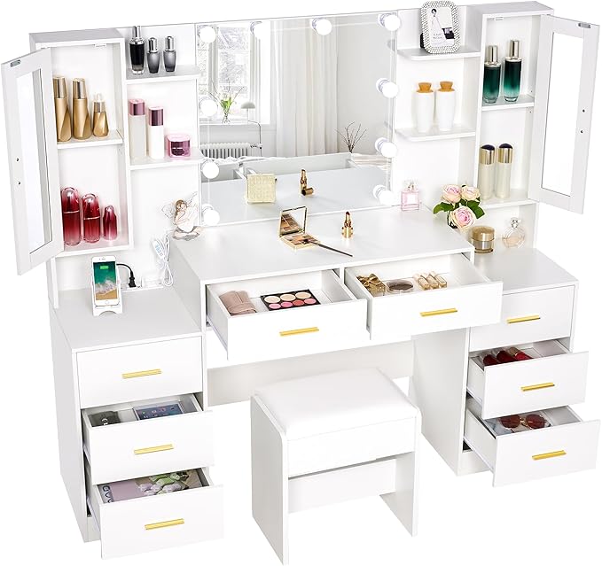 ANWBROAD 59.1" Large Vanity Desk Table with Mirror & Lights White Makeup Vanity with Power Outlet and 8 Drawers 3 Lighting Modes Adjustable Vanity Table for Girl Women Bedroom Dressing Room UBDT67W