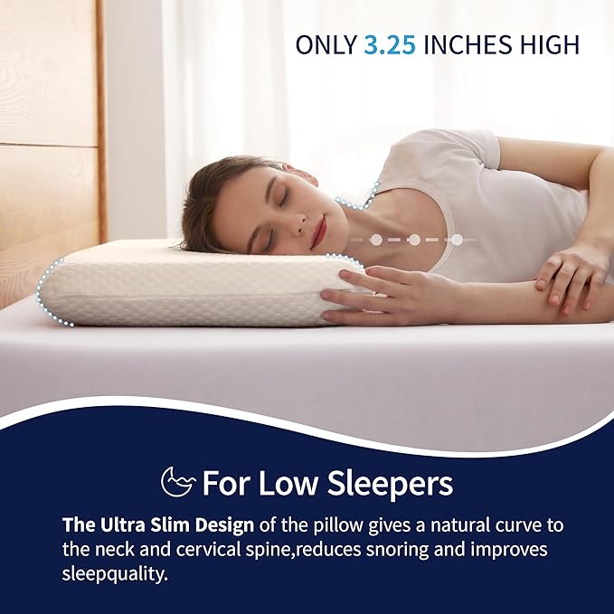 Ultra Thin Flat Pillow for Sleeping, 3.25'' Thin Pillow for Back Sleeper, Supportive Stomach Sleeping Pillow, Slim Bed Pillow, Machine Washable-Standard Size