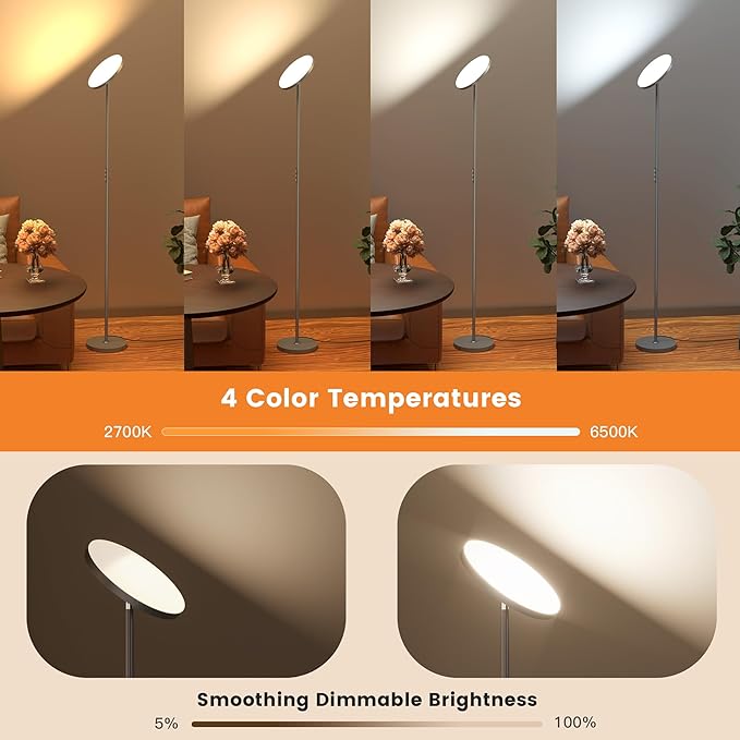 Floor Lamp,Bright 36W 3500LM Standing Lamp with Remote, 2700K Soft White to 6500K Cool White Adjustable,Touch Control Dimmable Torchiere Tall Light for Living Room,Bedroom,Office,Sofa(Gray)