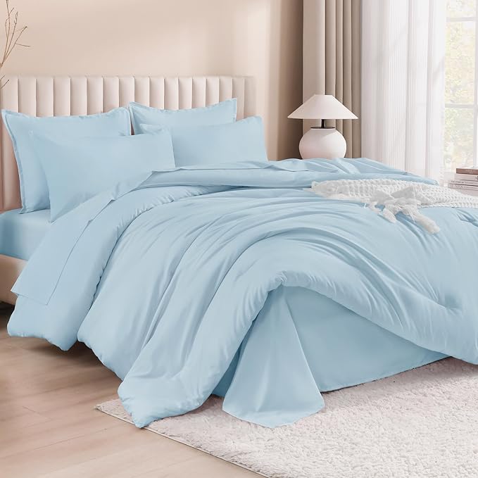 Litanika Comforter Full Size Set Light Blue - 7 Pieces Bed in a Bag Full Bedding Comforter Sets, Plain Lightweight Bed Set with Comforter, Sheets, Pillowcases & Shams