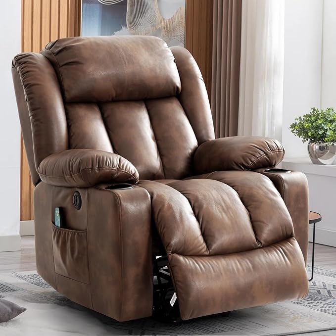 Power Lift Recliner Chair for Elderly, Electric Recliner Chairs for Adults with Massage and Heat, Cup Holders, Remote Control, USB Ports, Side Pockets, Leather (Ochre)