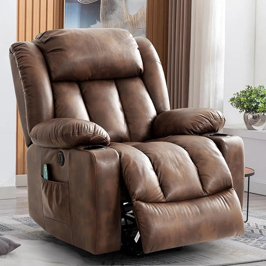 Power Lift Recliner Chair for Elderly, Electric Recliner Chairs for Adults with Massage and Heat, Cup Holders, Remote Control, USB Ports, Side Pockets, Leather (Ochre)