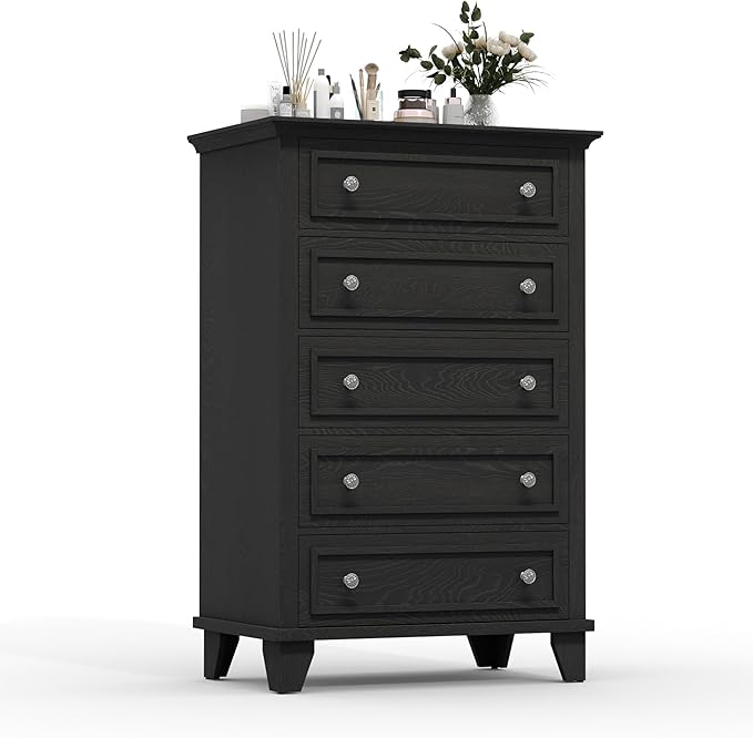 GarveeHome Black Dresser for Bedroom, 48" Tall Dresser with 5 Drawers, Chest of Drawers with Storage, Vintage Wood Dressers for Closet, Living Room, Hallway